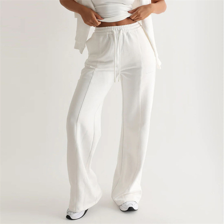 Wholesale Women Falre Jogger 100% Cotton Breathable Soft Baggy Wide Straight Leg Pants Sweatpants