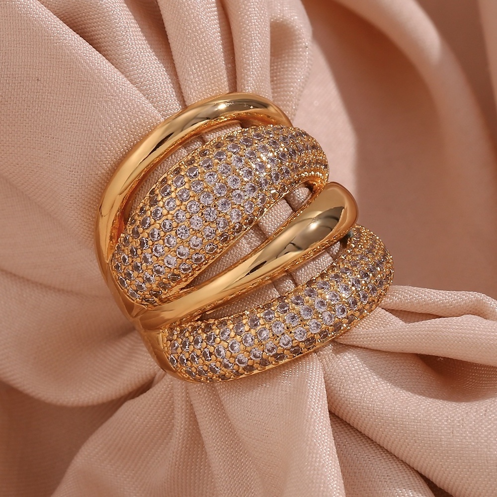 Luxury Women Jewelry Shining Zircon Dome Ring 18k Gold Plated Brass Open Ring Chunky Women Jewelry