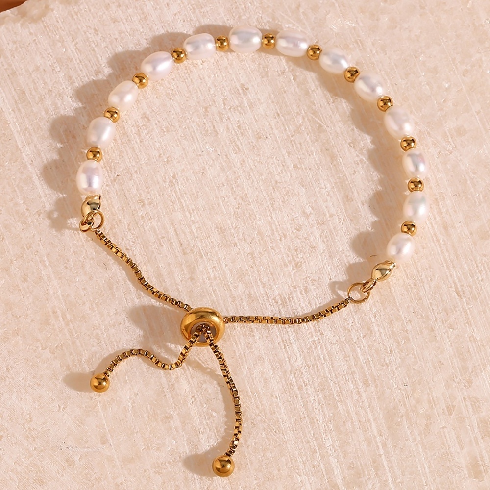 Unique Drawstring Fresh Water Pearl Bead Bracelet 18K Gold Plated Stainless Steel Chain Bracelet