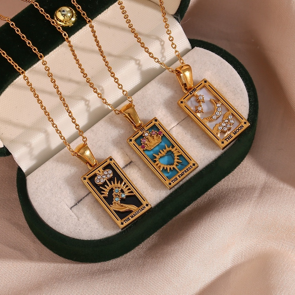 Trendy Square Colorful Enamel Zircon Tarot Cards Pendant Necklace 18K Gold Plated Stainless Steel Necklaces For Women