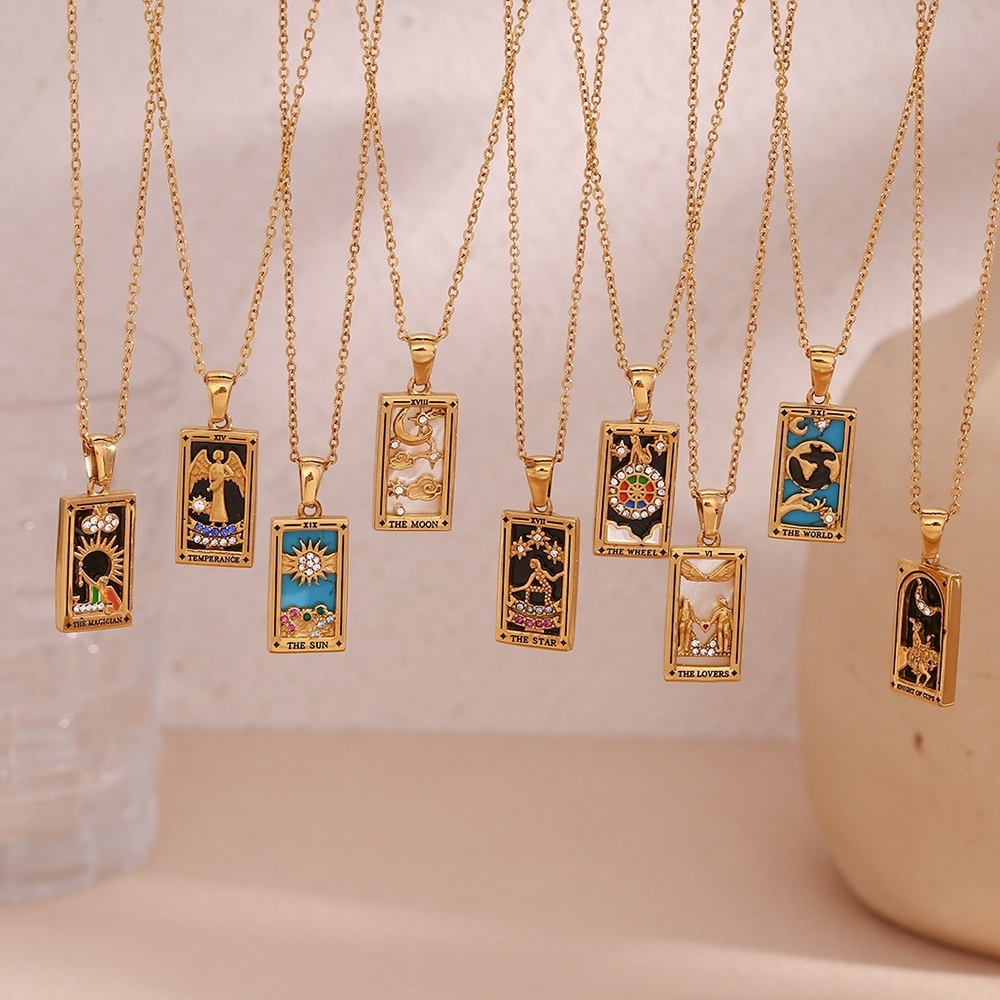 Original Design Enamel Tarot Card Necklace Tarnish Free Jewelry Gold Plated Pendant Necklace Stainless Steel