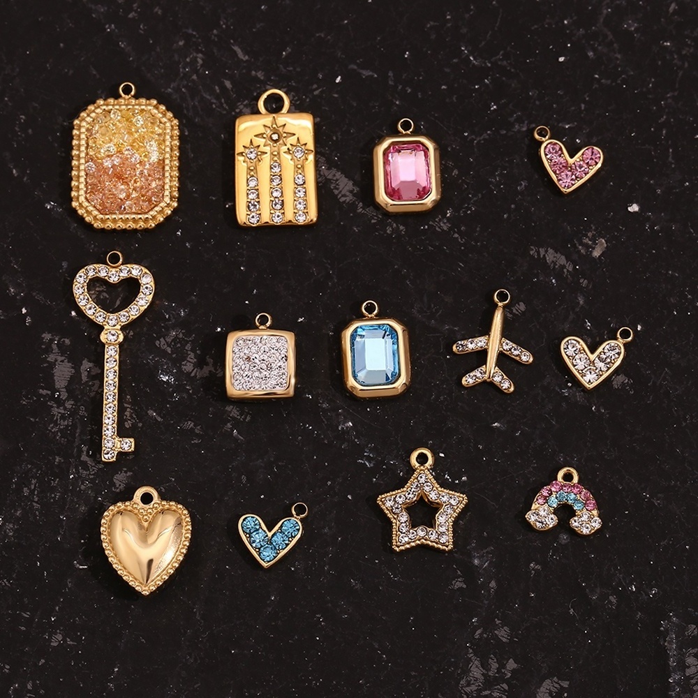 Fine Jewelry Pendants & Charms Shining Zircon Charm Heart Rainbow Key Gold Plated Stainless Steel Charms Set