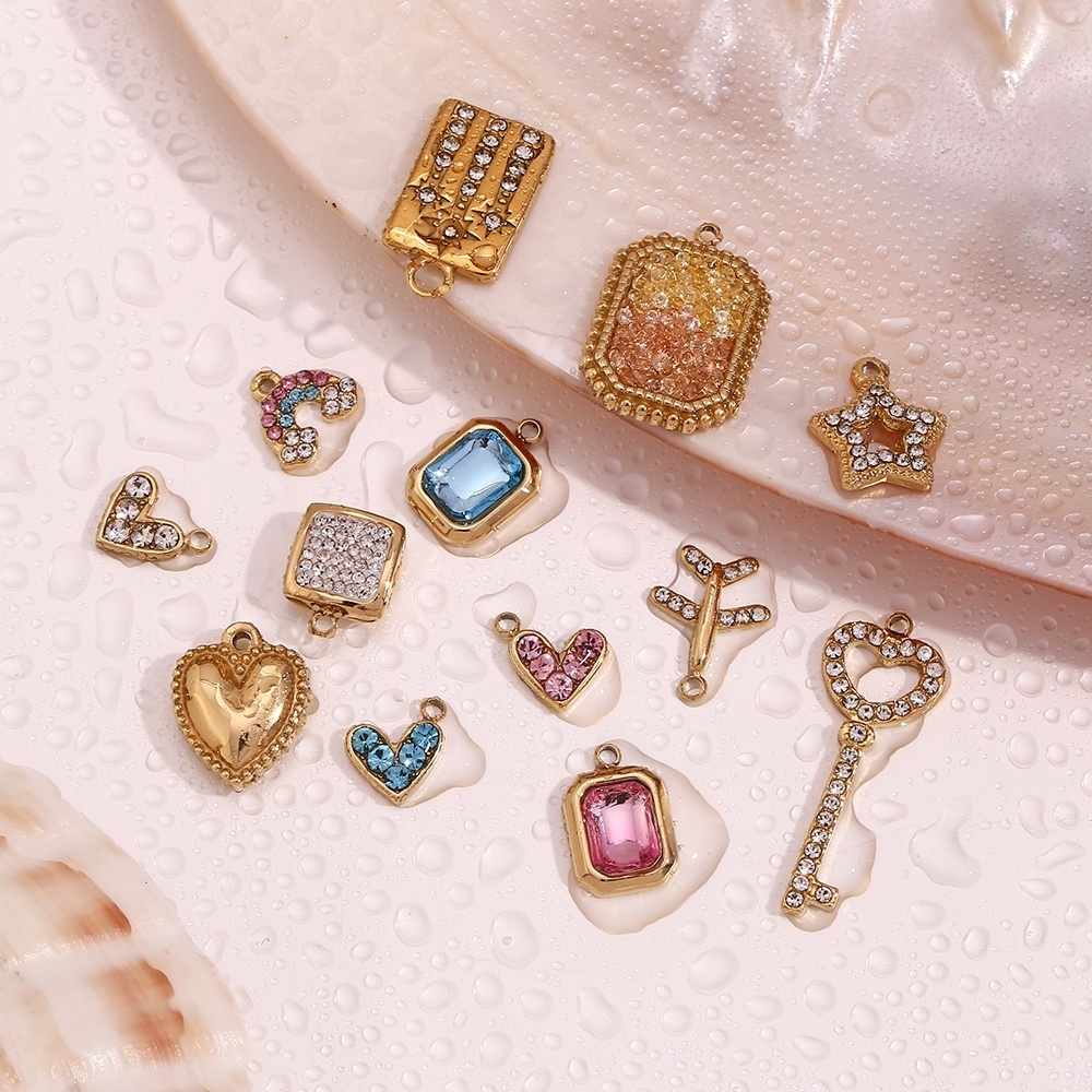 Fine Jewelry Pendants & Charms Shining Zircon Charm Heart Rainbow Key Gold Plated Stainless Steel Charms Set