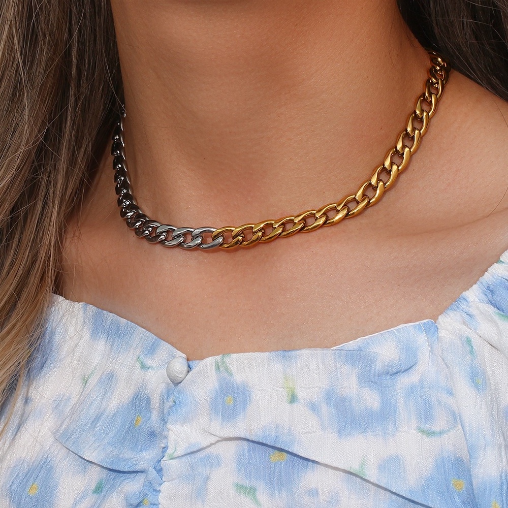 Chunky 18k Gold Plated Grinding Chain Necklace Cuban Chain Splicing Gold Silver Color Stainless Steel Choker Necklace