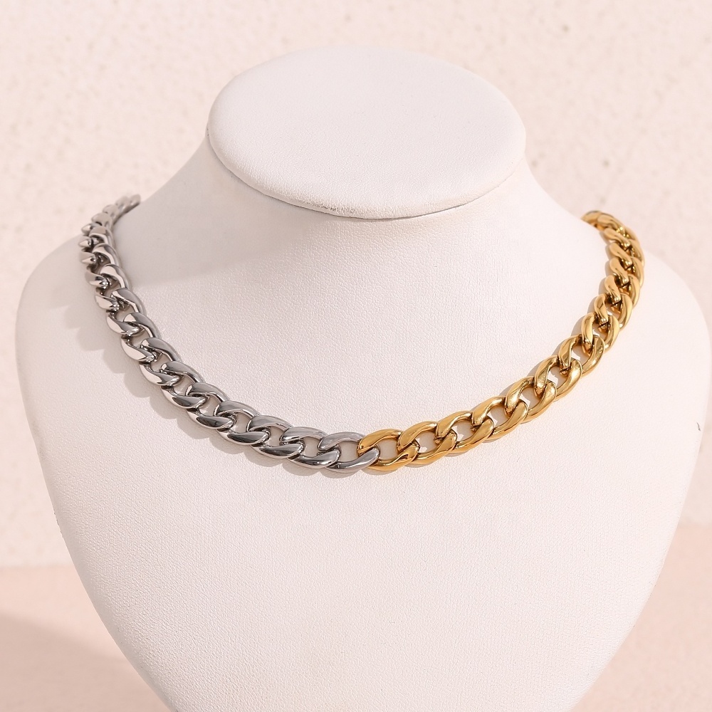 Chunky 18k Gold Plated Grinding Chain Necklace Cuban Chain Splicing Gold Silver Color Stainless Steel Choker Necklace