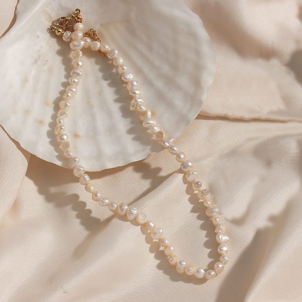 Vintage- Chic Keshi Pearl Necklace Brass Chain Freshwater Baroque Pearl Necklace