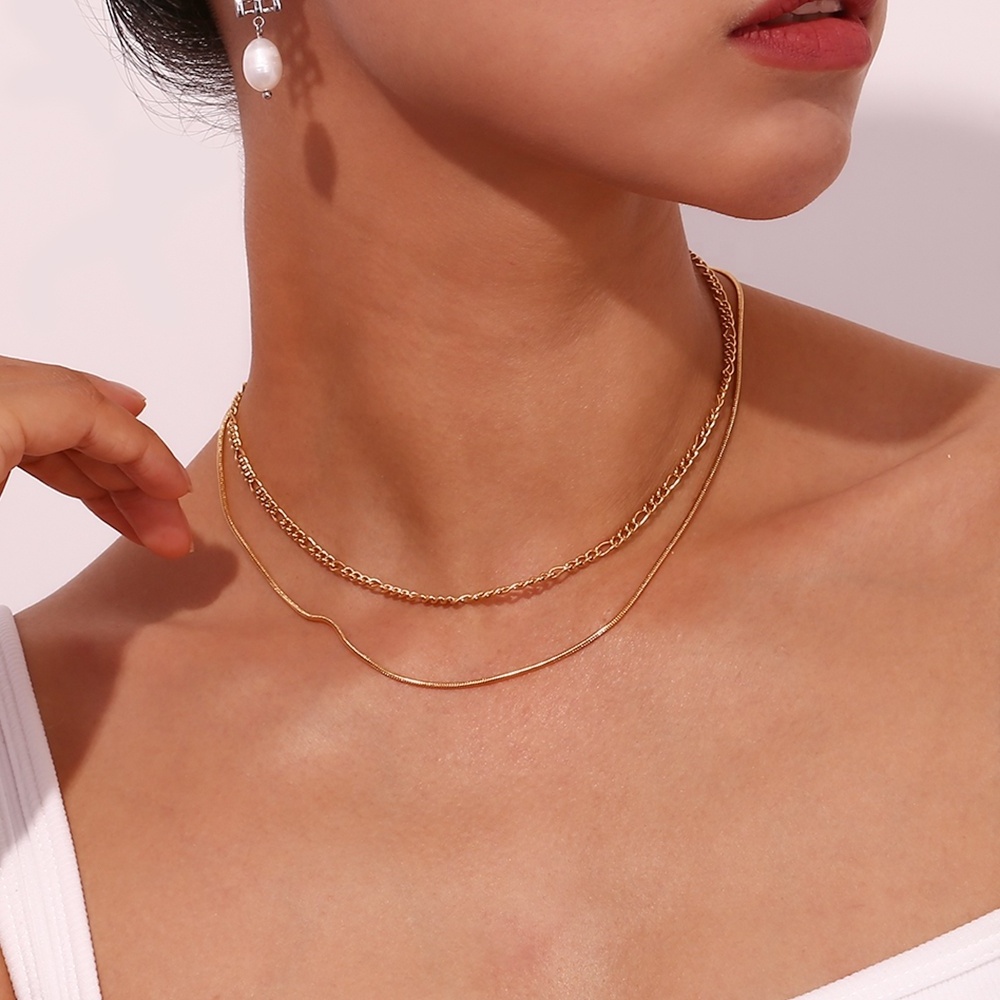 Double Layer Figaro Chain &Snake Chain Necklace PVD Gold Plated Stainless Steel Jewelry joyeria de acero inoxidable