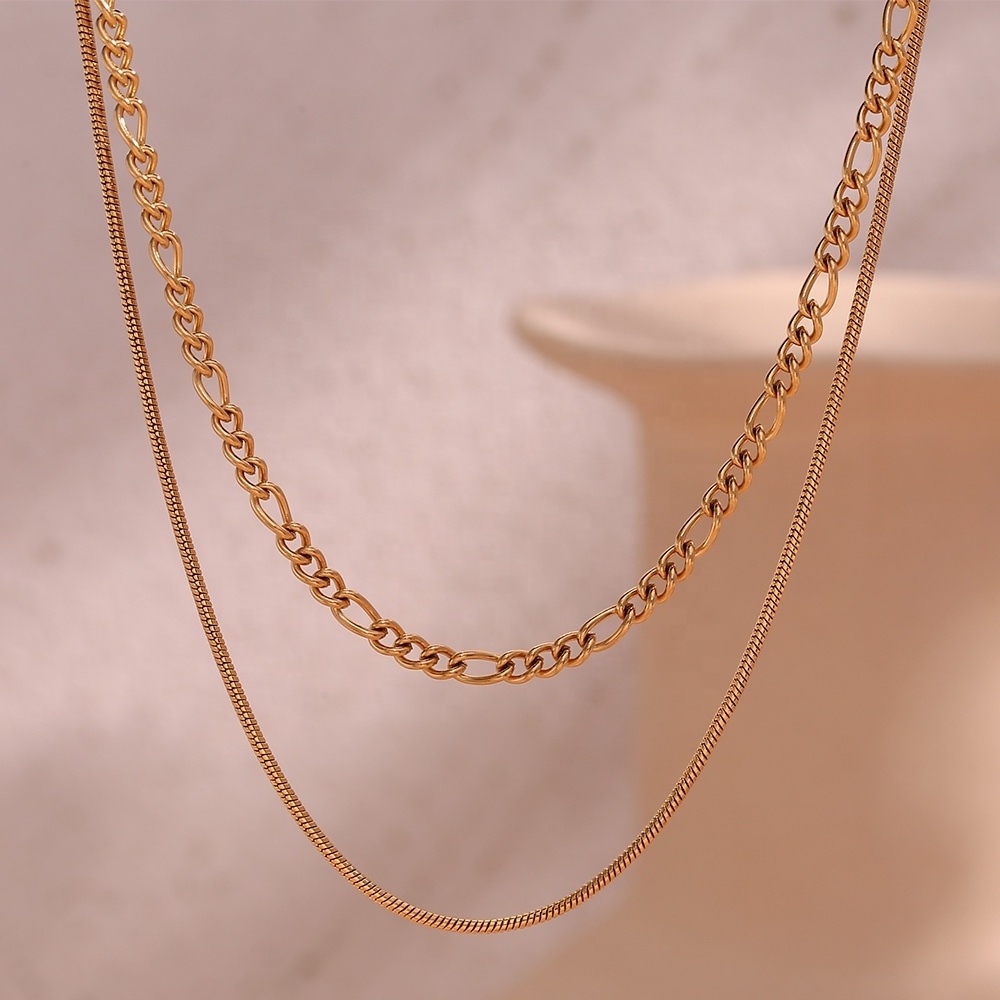 Double Layer Figaro Chain &Snake Chain Necklace PVD Gold Plated Stainless Steel Jewelry joyeria de acero inoxidable