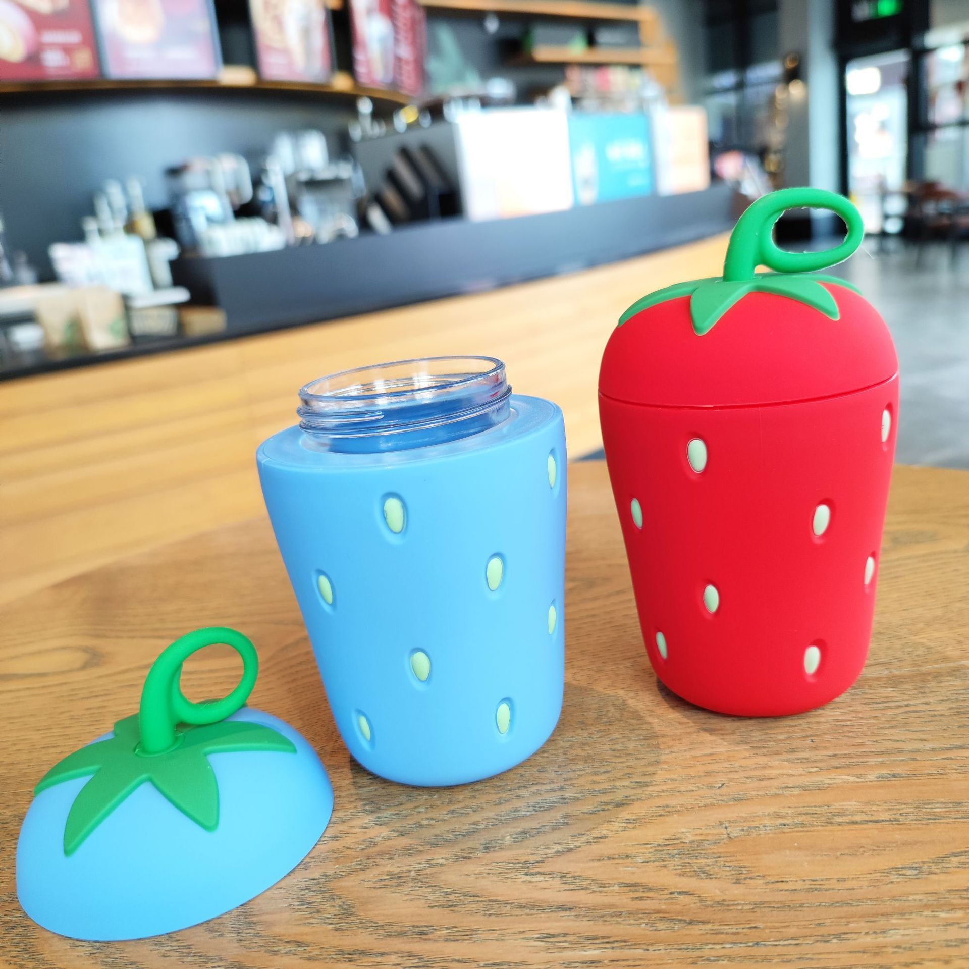 300ML creative cute Children strawberry double insulated glass water bottle Student juice cup with  Cartoon Silicone handle