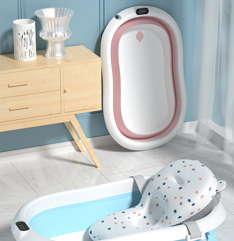 Baby Bath Tub for Toddler Kids Infant-Basin-Foldable Safe Non-Slip Portable with Soft Cushion Pad