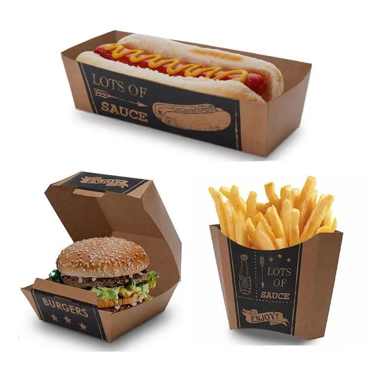 disposable kraft paper boat tray Brown takeaway Bag paper fast food box container hot dog french fries food packaging burger box