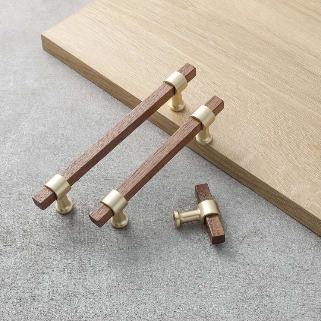 Nordic Wooden Long Drawer Knobs T bar Handle Walnut Cupboard Pulls Kitchen Cabinet Door Handle Furniture Decorate Pulls and Knob