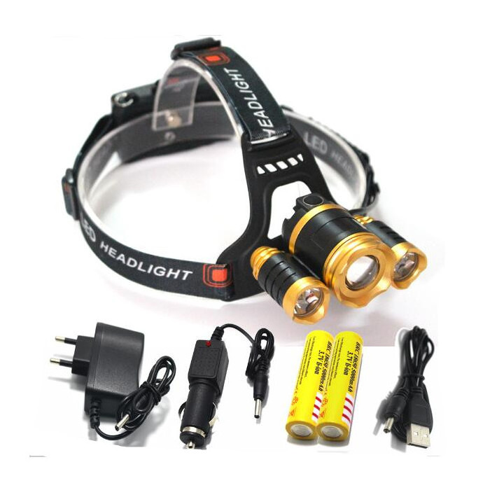 10000 Lumens Headlight XM-L 3T6 LED Head Light 4 Modes Headlamp Lantern Hunting Head Flashlight +Car AC Charger + Battery