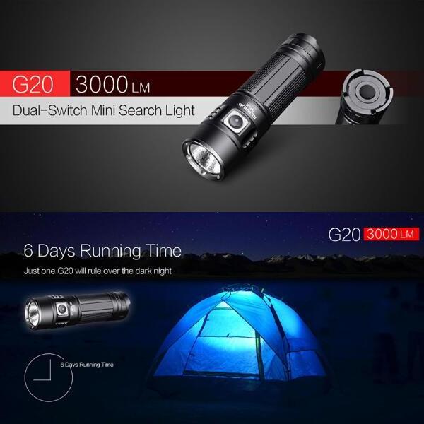 KLARUS G20 USB Rechargeable LED Flashlight Torch With 26650 Battery 3000 Lumens  XHP70 N4 LED Light Dual Switch Lantern