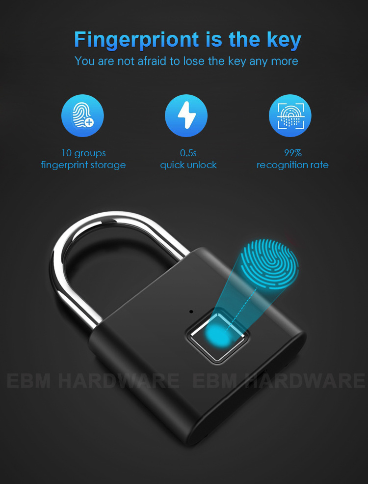 Smart Biometric Fingerprint Padlock Keyless Waterproof Fingerprint Lock Anti-Theft Security Electronic Padlock for Luggages Bag