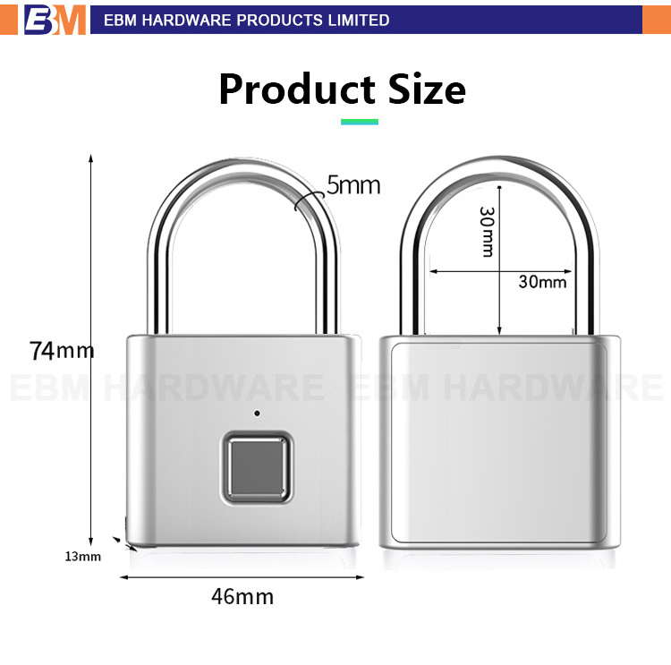 Black Silver Keyless USB Rechargeable Fingerprint Padlock Zinc alloy Fingerprint Smart Padlock