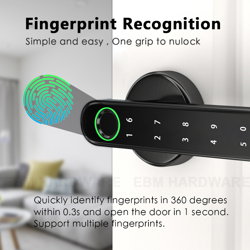 Bedroom Door Smart Lock USB Rechargeable Tuya APP Wifi Fingerprint Lock Password Biometric Keyless Security Smart Door Lock