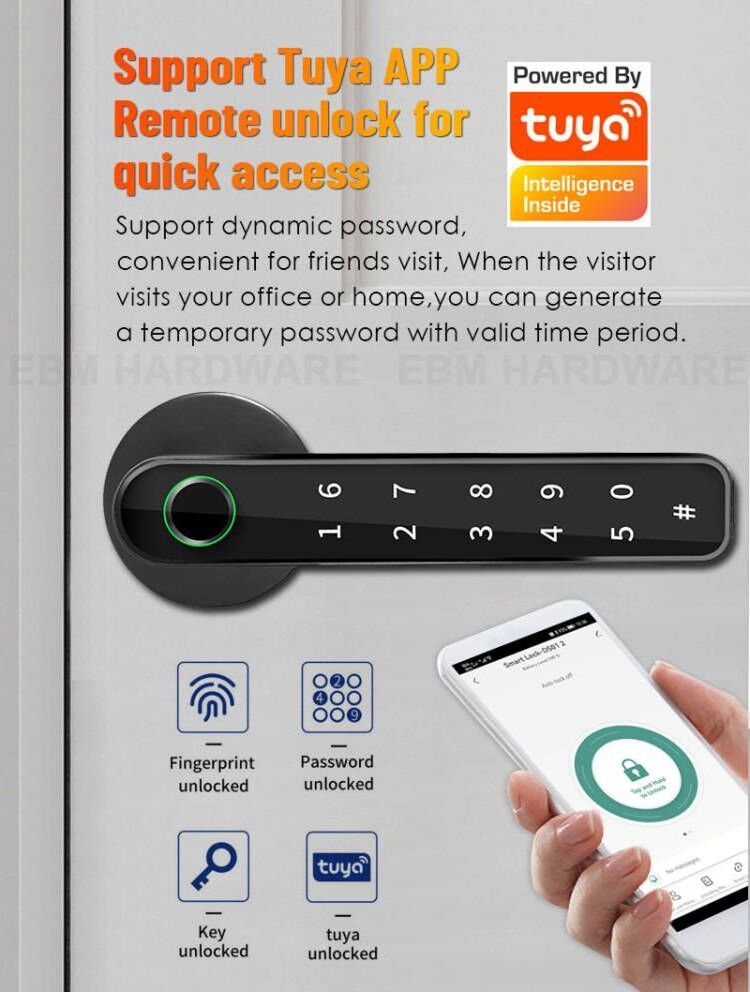 Bedroom Door Smart Lock USB Rechargeable Tuya APP Wifi Fingerprint Lock Password Biometric Keyless Security Smart Door Lock