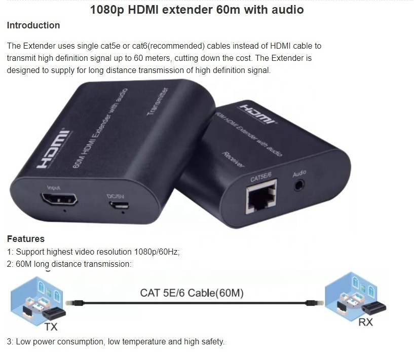 1080p HDMI extender 60m with audio HDMI extender transmitter and receiver for home projector