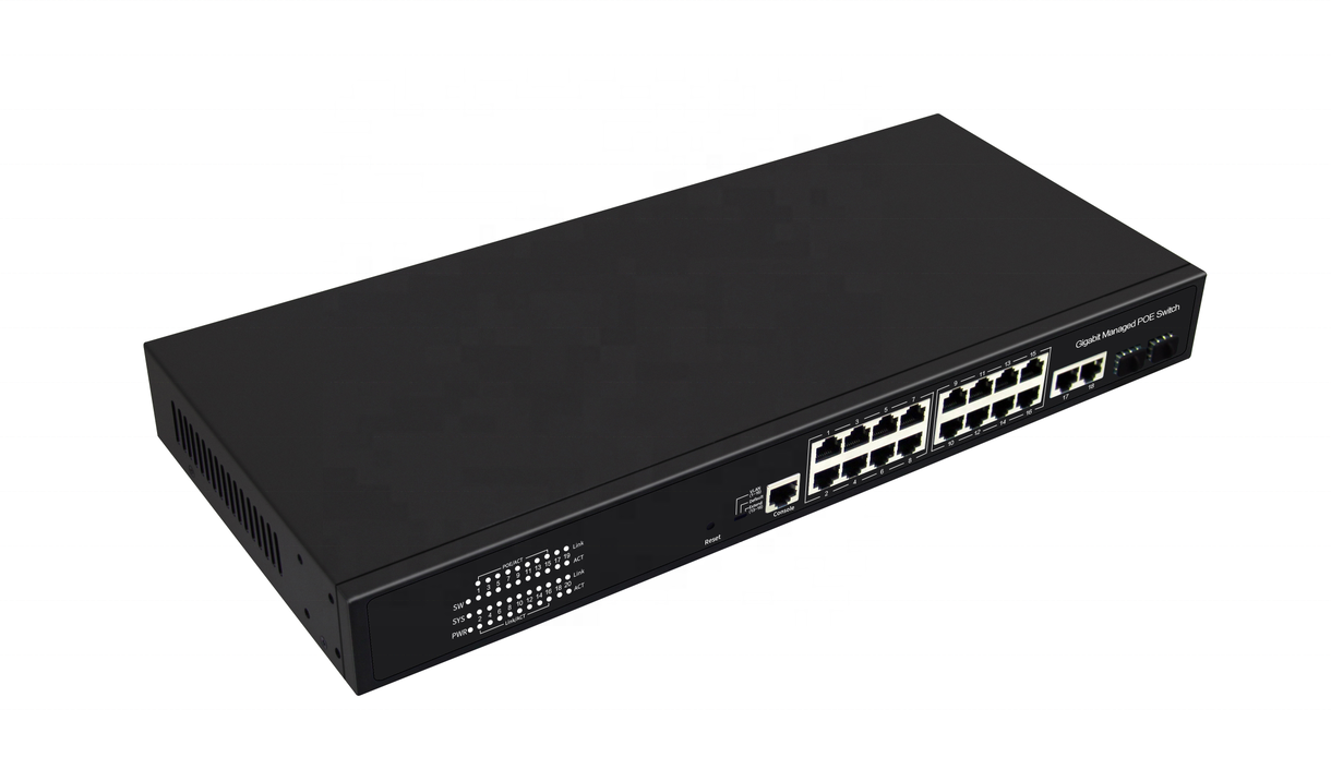 OEM 16  Port Gigabit 300W CCTV Network Ethernet managed PoE Switch 48V 10/100/1000M +2 Port GE  Combo+Console Port