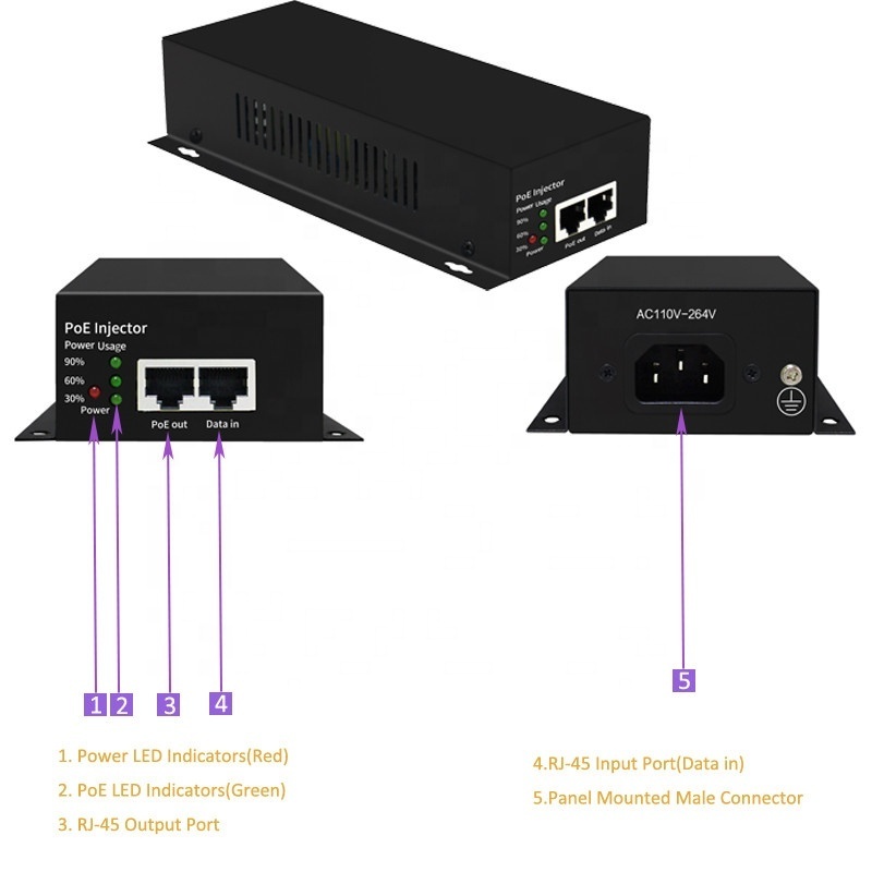 Industrial BT 90W Active PoE Injector IEEE802.3af/at Single POE pply Adapter Gigabit ports POE switch for wireless AP camera