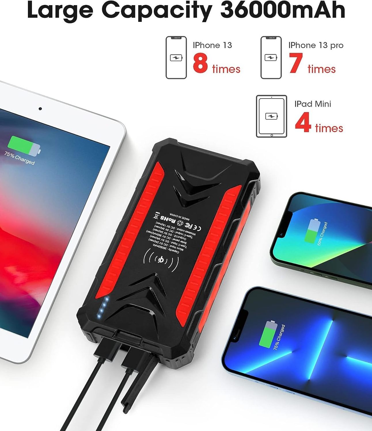 Solar Power Bank Dual USB Power Bank 36000mAh Waterproof Battery Charger Portable power banks Solar Panel with LED Light