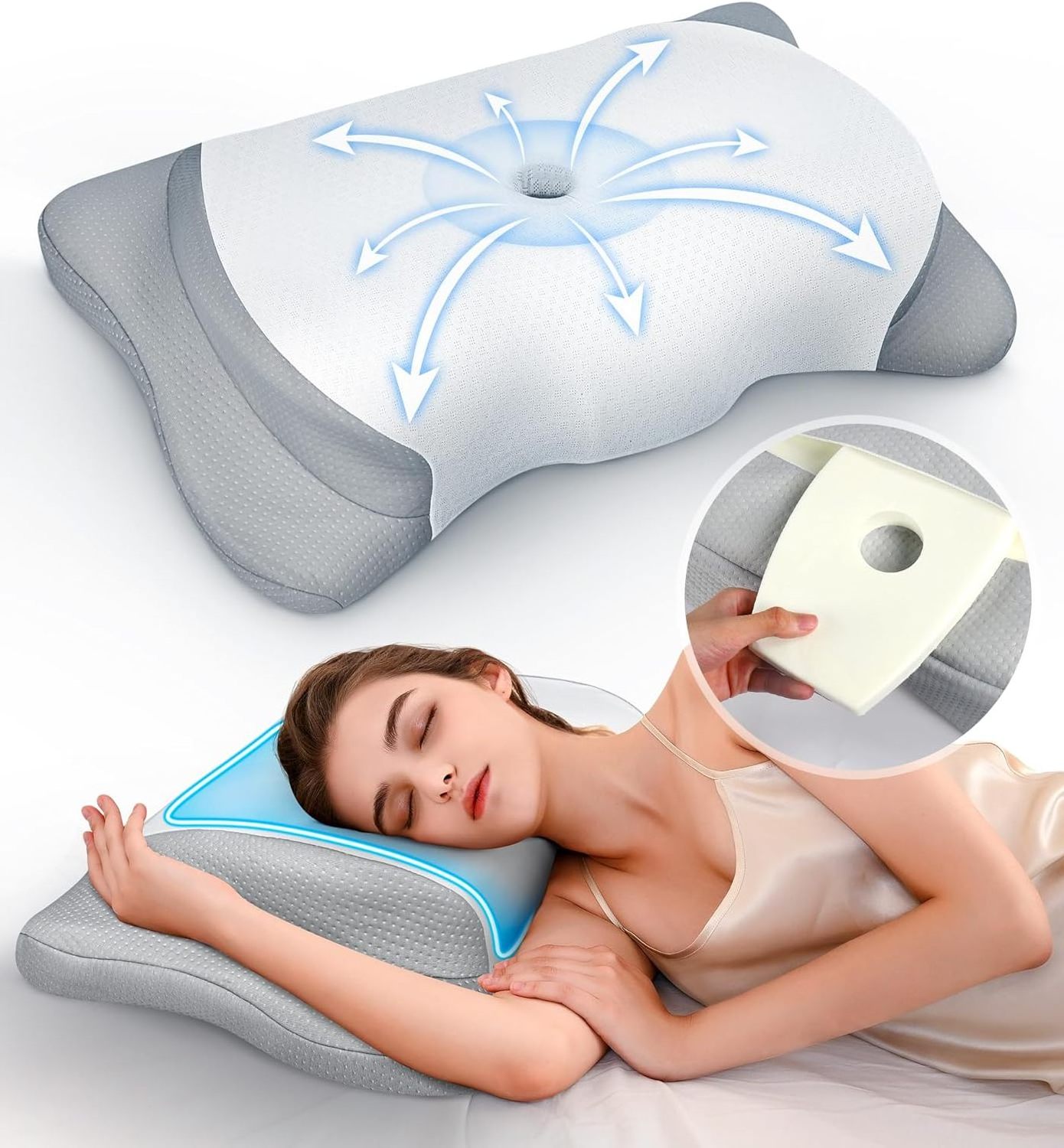 Adjustable Height Cervical Neck Pillow for Pain Relief Hollow Contour Pillow with Cooling Breathable Pillowcase Odorless