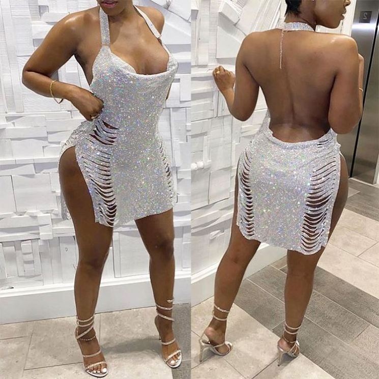 new MD-20221904    Newest Design Bandage 2021 Sequin Shine Ripped Backless Sexy Solid Color Women Bodycon Dress Lady Club Dresses