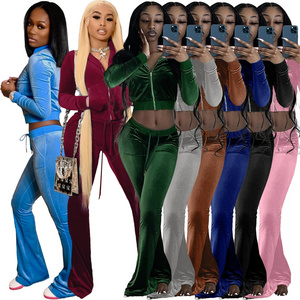 new MD--Hot Sale Velvet Jumpsuits Women Two Piece Pants Velour Set Tracksuit Flare Pants and Cropped Jacket Coats Women Fall Outfits