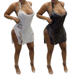 new MD-20221904    Newest Design Bandage 2021 Sequin Shine Ripped Backless Sexy Solid Color Women Bodycon Dress Lady Club Dresses