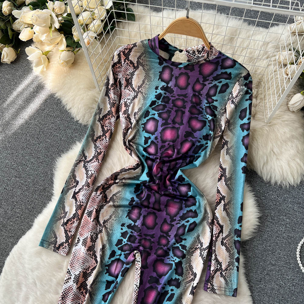 Undefined snake skin colored printed long-sleeved bodysuit women chic one-piece jumpsuit