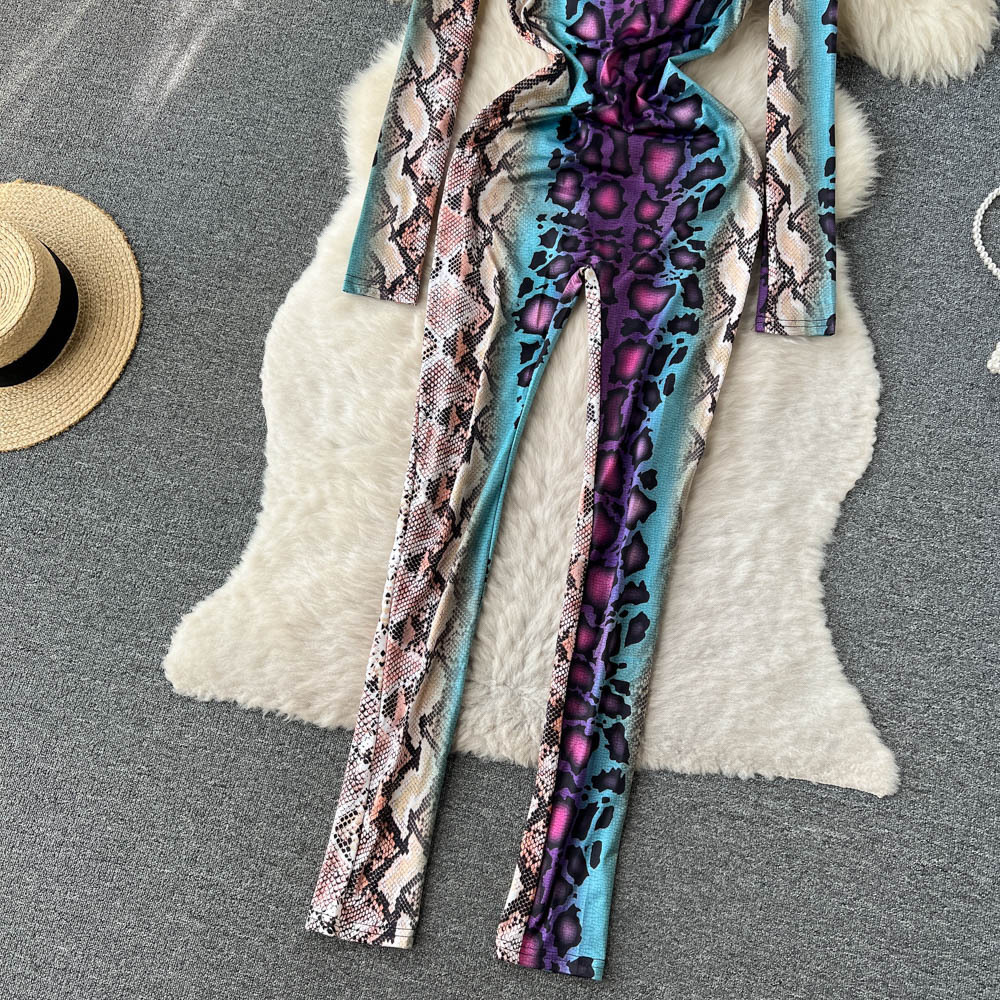 Undefined snake skin colored printed long-sleeved bodysuit women chic one-piece jumpsuit