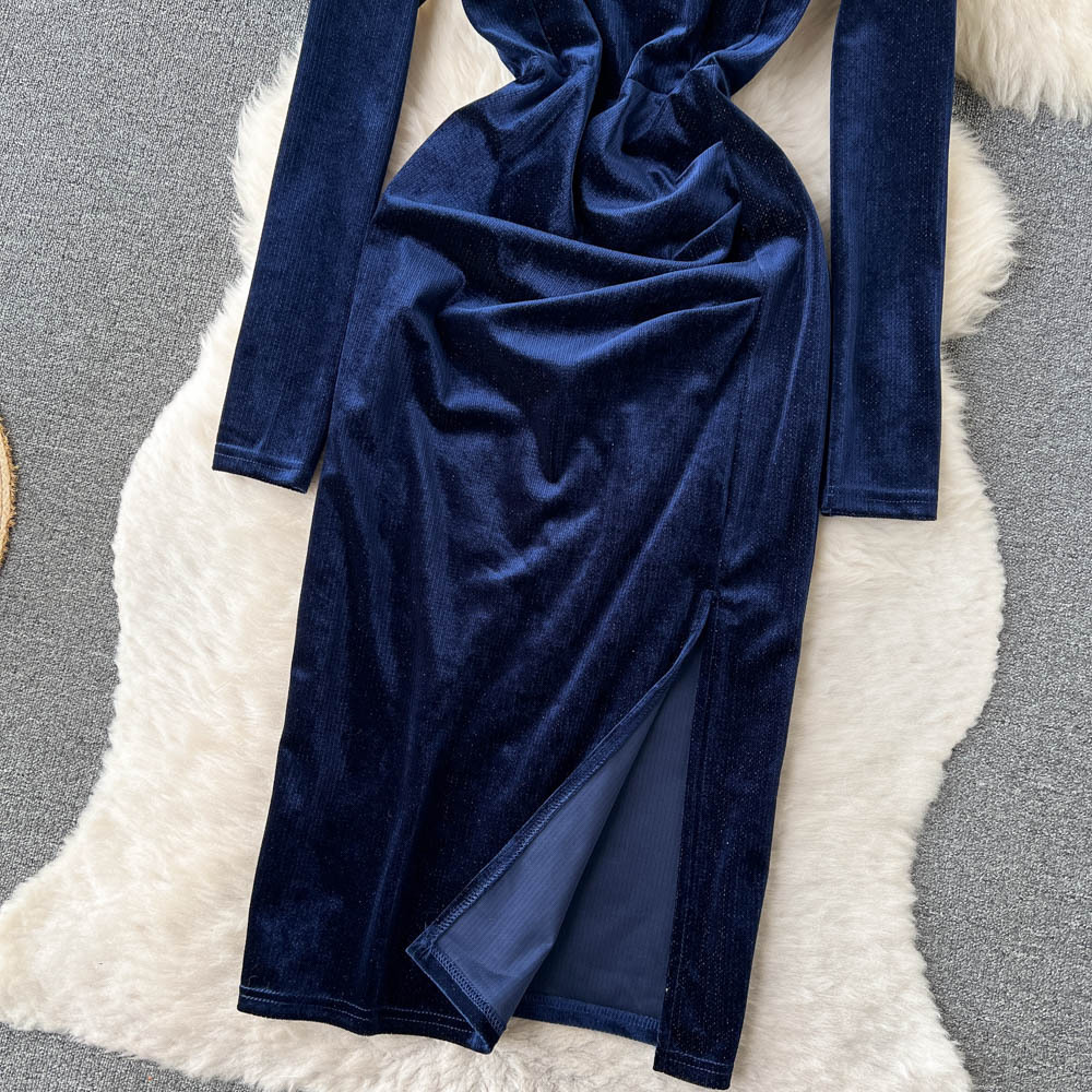 Custom autumn winter velvet neck design waist slimming bag hip long dress slit navy blue velvet dress