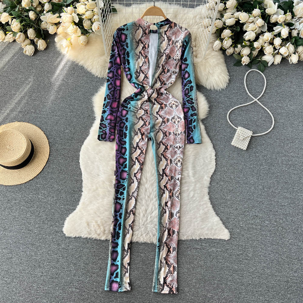 Undefined snake skin colored printed long-sleeved bodysuit women chic one-piece jumpsuit