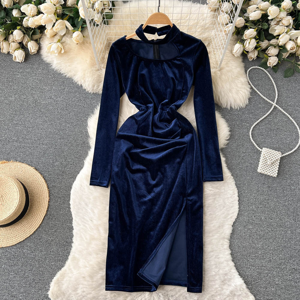 Custom autumn winter velvet neck design waist slimming bag hip long dress slit navy blue velvet dress