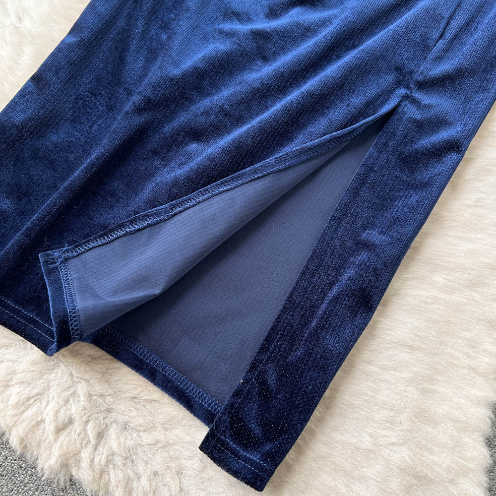 Custom autumn winter velvet neck design waist slimming bag hip long dress slit navy blue velvet dress