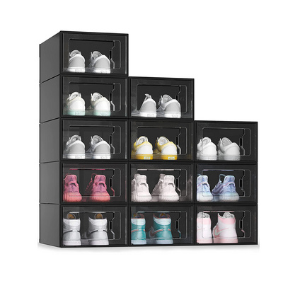 Large 12 Pack Shoe Storage Box, Black acrylic Stackable Shoe Organizer for Closet, Space Saving Foldable Sneaker Containers Bins