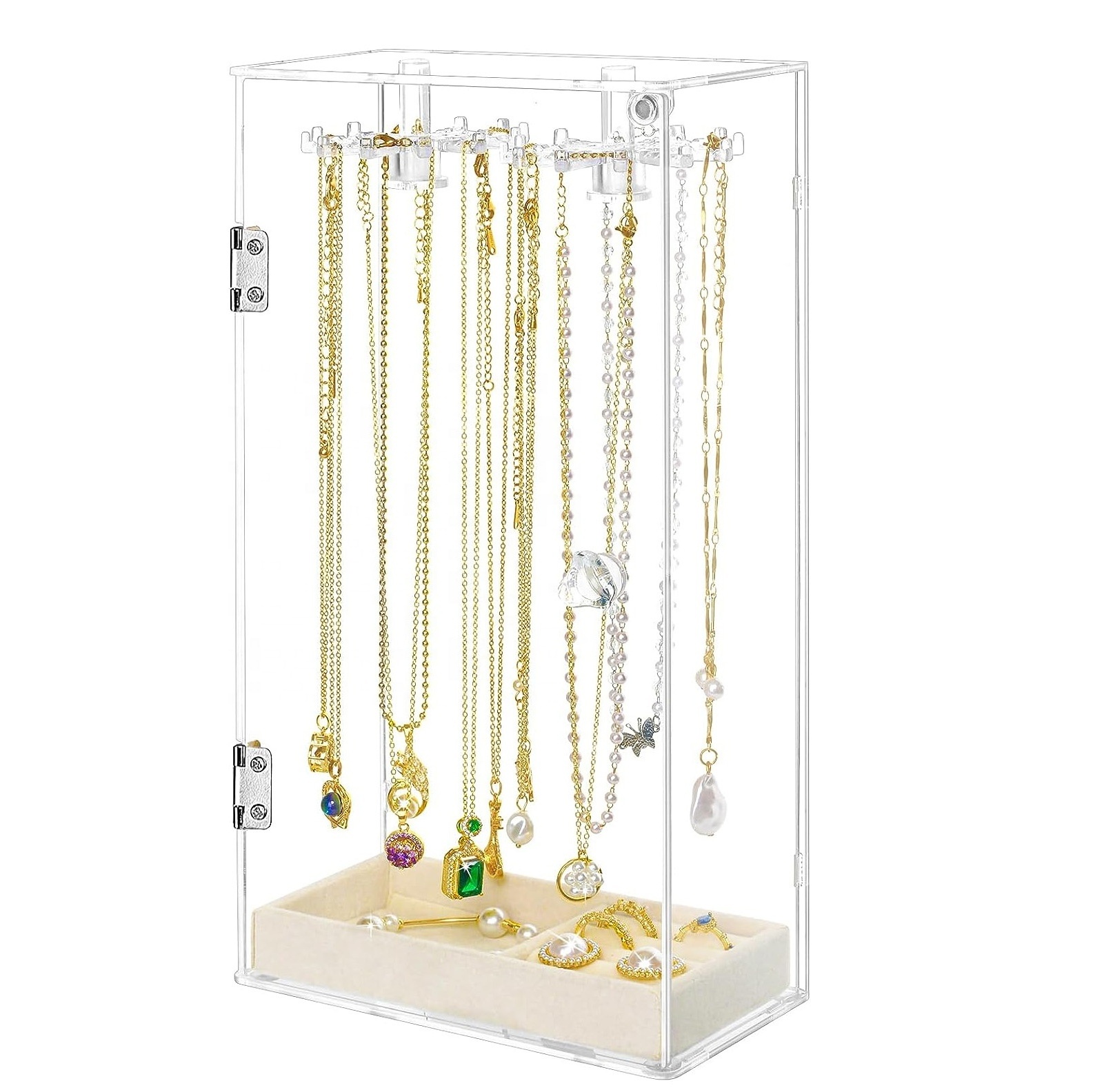 Acrylic Jewelry Organizer Holder, Necklace Organizer Earring Holder Stand, Hanging Rack Storage Tree Display with Velvet tray