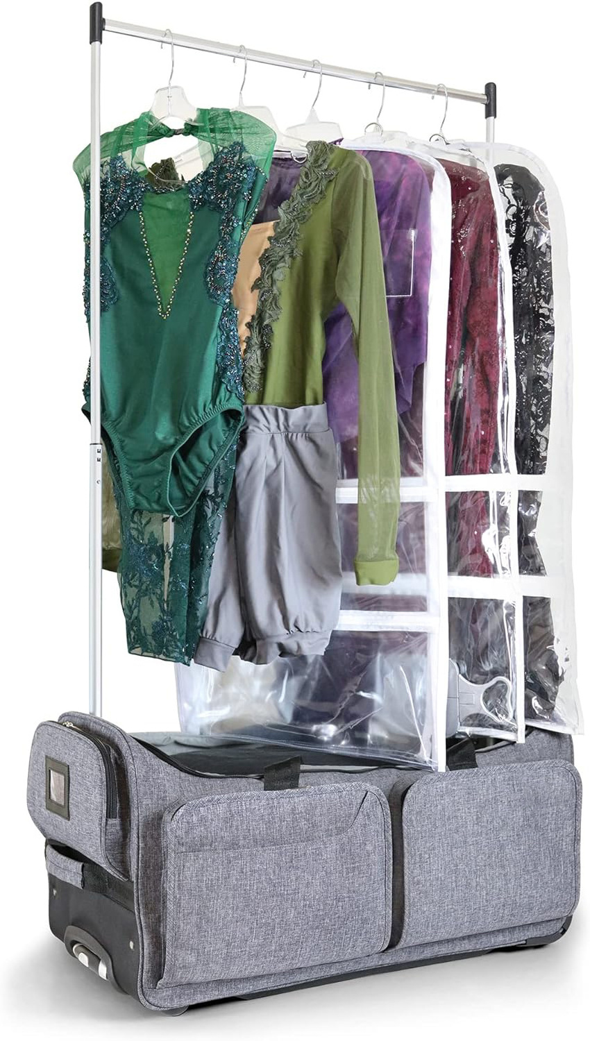 Wheeled 28 inch collapsible travel bag rolling garment rack luggage dance duffle bag with garment rack