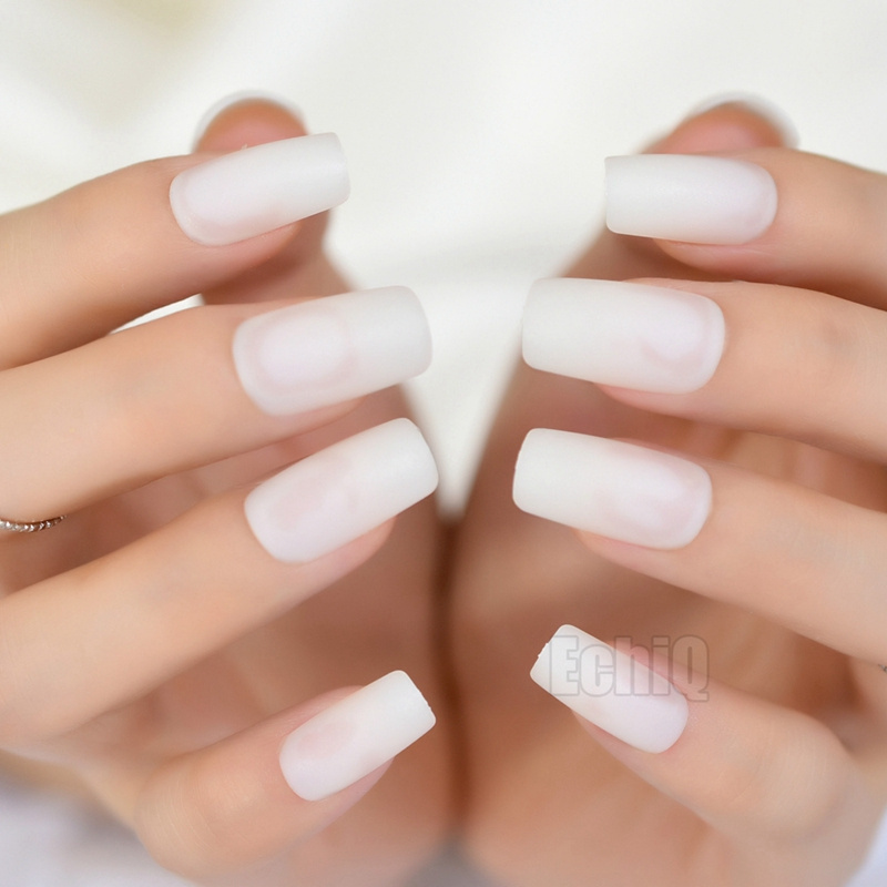 Milk White Square Instant Nails Long Matte Fake Nails Frost Art Design DIY Full Free Artificial False Nails