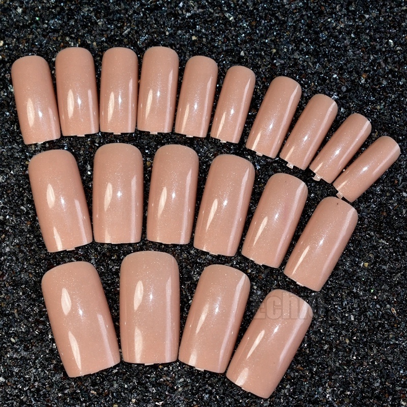 Deep Nude Press On Nails Extra Long Square Shimmer Glitter Pattern False Nails Lady Full Wrap Pink Acrylic Tips