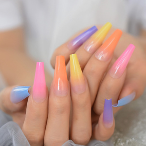 Rainbow Color High Quality Acrylic False Nail Tip For Party Long Coffin Full Cover Press On Nail