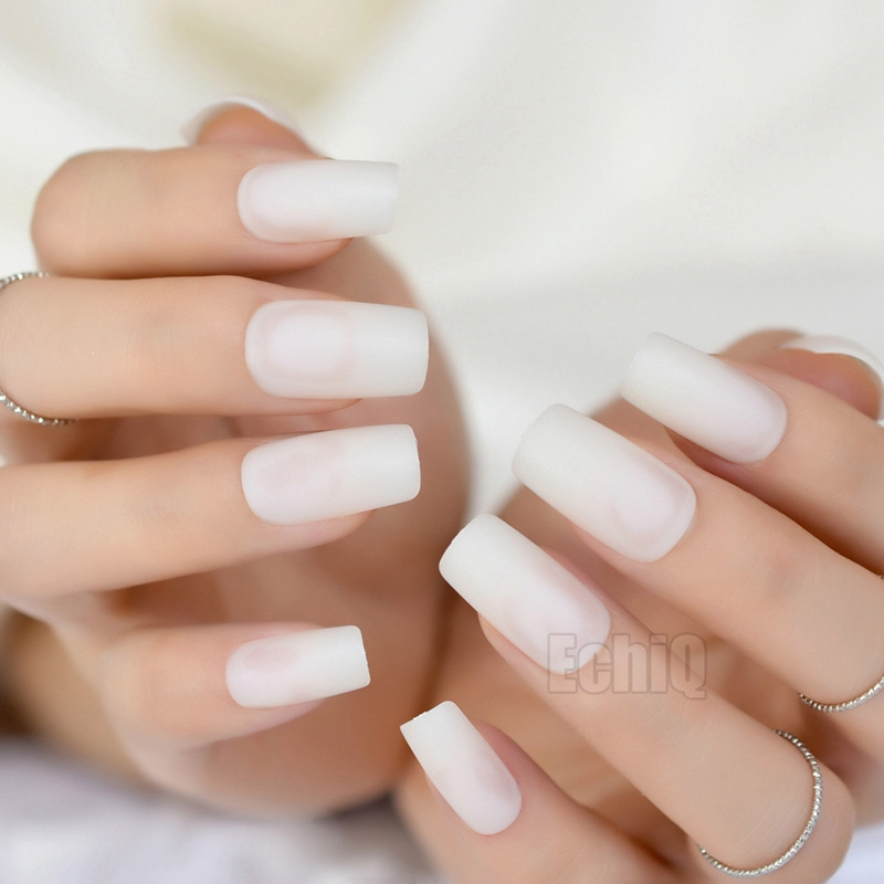 Milk White Square Instant Nails Long Matte Fake Nails Frost Art Design DIY Full Free Artificial False Nails