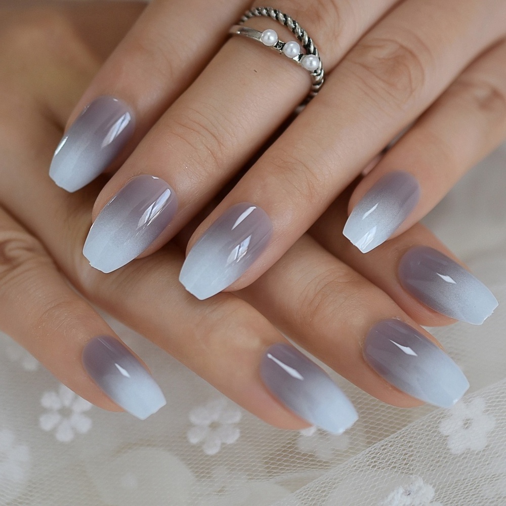 Grey Medium Ballerina Nails Glossy Surface Coffin False Nail Art Tips Gradient Full-covered Simple 24pcs With Glue L5442