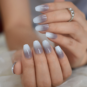 Grey Medium Ballerina Nails Glossy Surface Coffin False Nail Art Tips Gradient Full-covered Simple 24pcs With Glue L5442