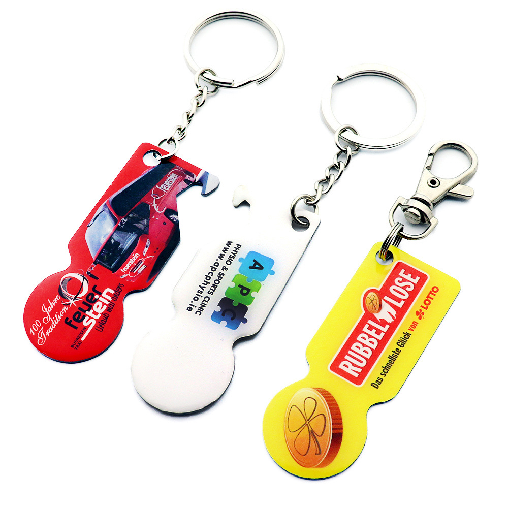 Wholesale custom logo iron metal shopping cart keychain bottle opener trolley coin with epoxy