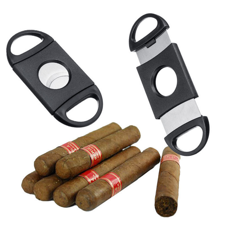 Factory direct custom logo stainless steel cigar accessories scissors punch portable black plastic cigar cutter