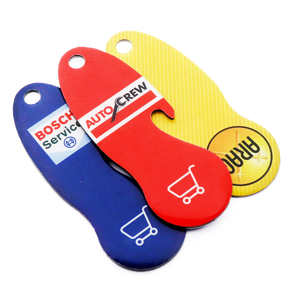 Wholesale custom logo iron metal shopping cart keychain bottle opener trolley coin with epoxy