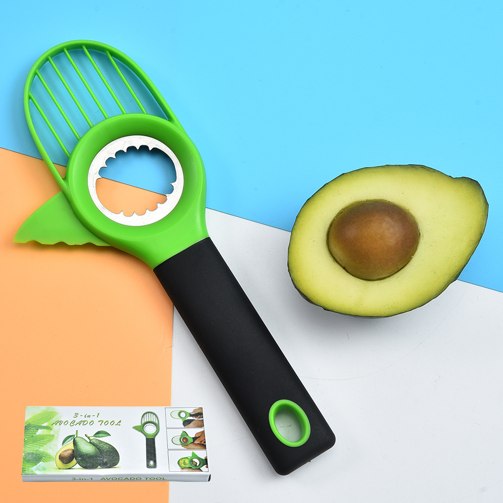 Good grip handle green multi functional kiwi knife hand shape 3 in 1 plastic avocado slicer cutter