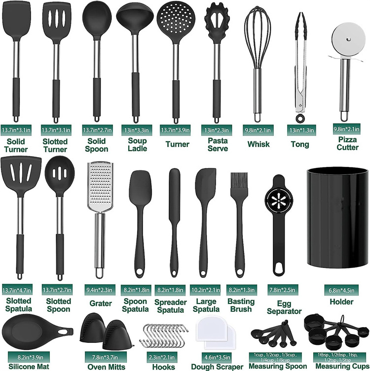 Heat resistant black kitchen gadgets tools 43 pcs  stainless steel handle silicone kitchen cooking utensils set with holder